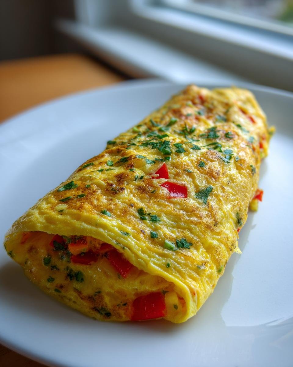 A golden, rolled omelette filled with red peppers, garnished with parsley, ready to eat as an Effortless Veggie Omelette Roll.