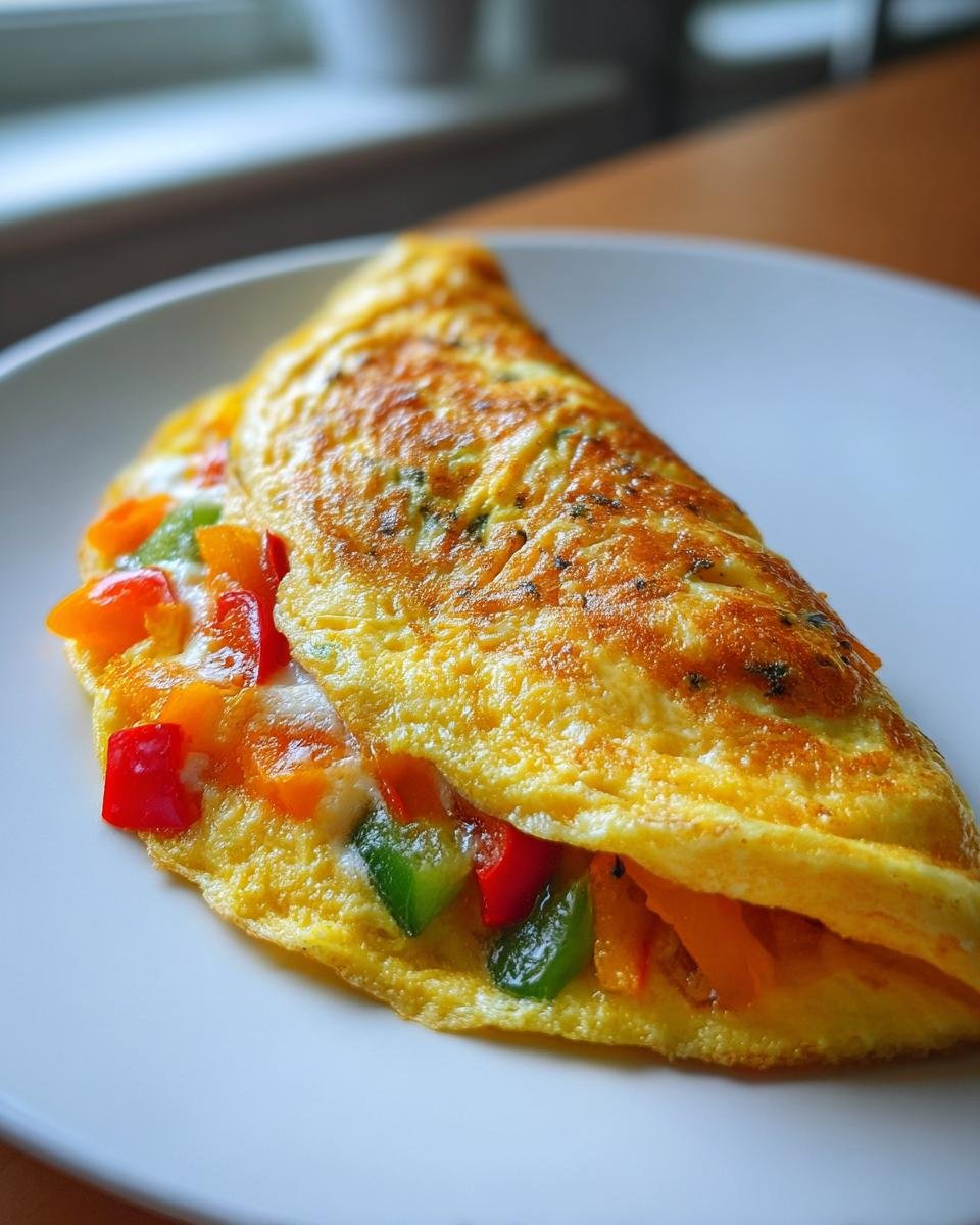 A golden, folded Effortless Veggie Omelette Roll filled with colorful bell peppers and melted cheese, served on a white plate.