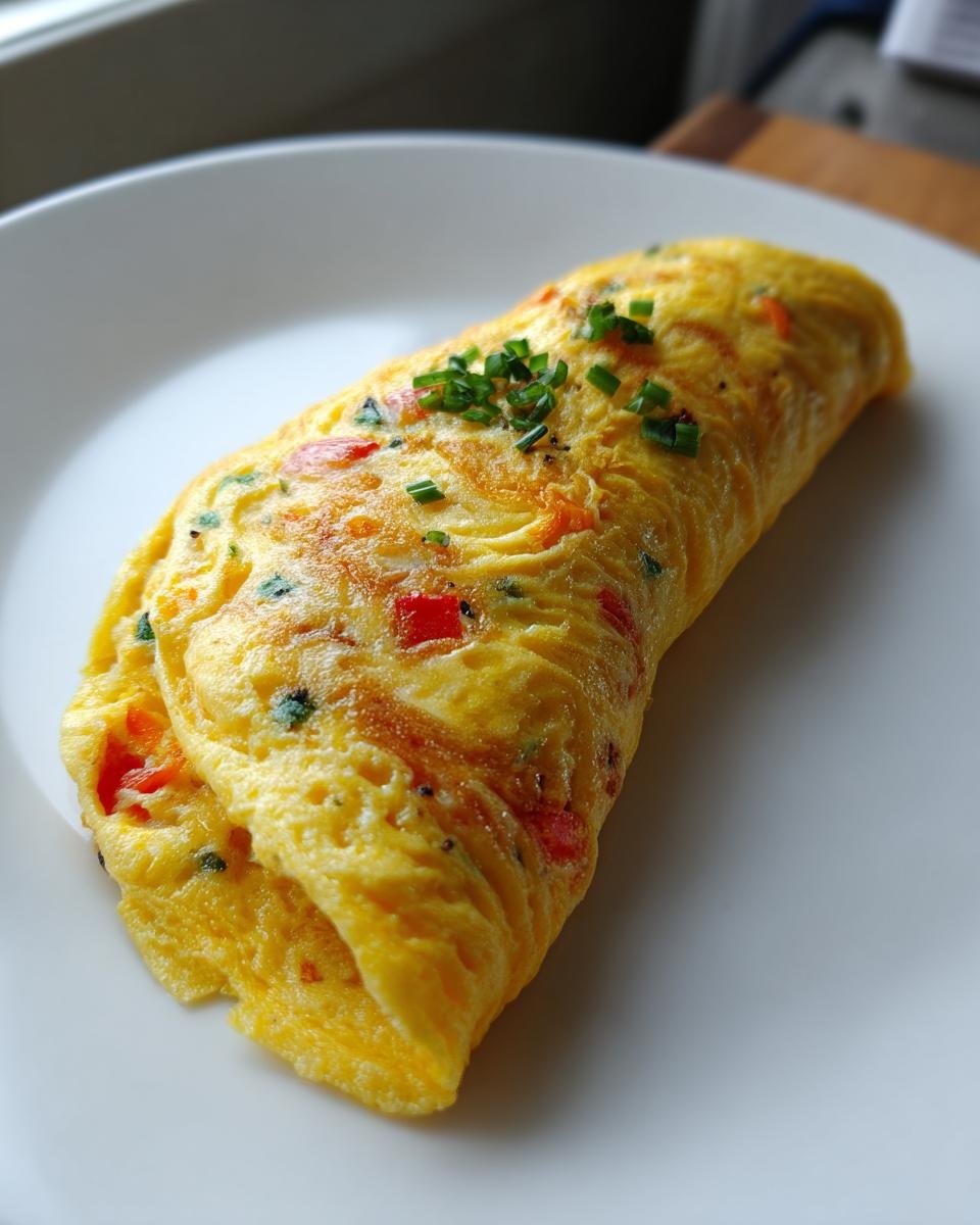 A golden yellow, perfectly rolled Effortless Veggie Omelette Roll garnished with fresh chives on a white plate.