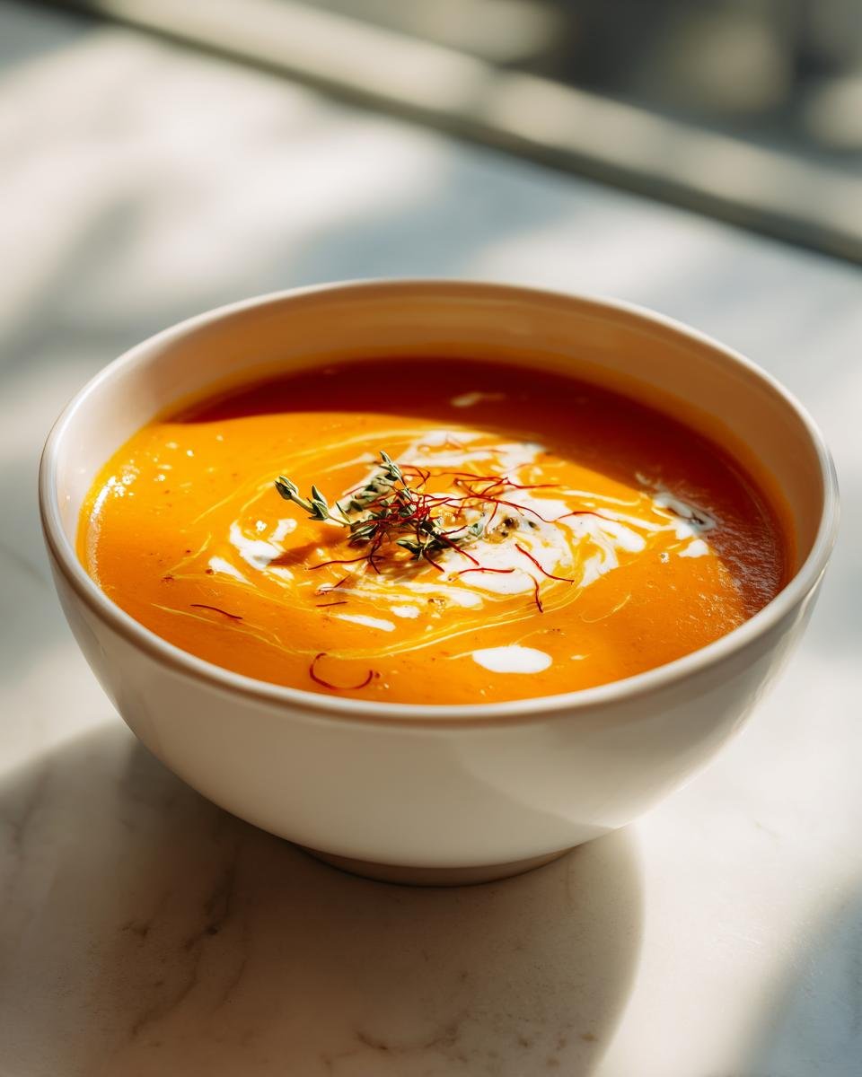A vibrant orange bowl of Exquisite Lobster Bisque With Saffron Infusion, garnished with cream swirls and saffron threads.