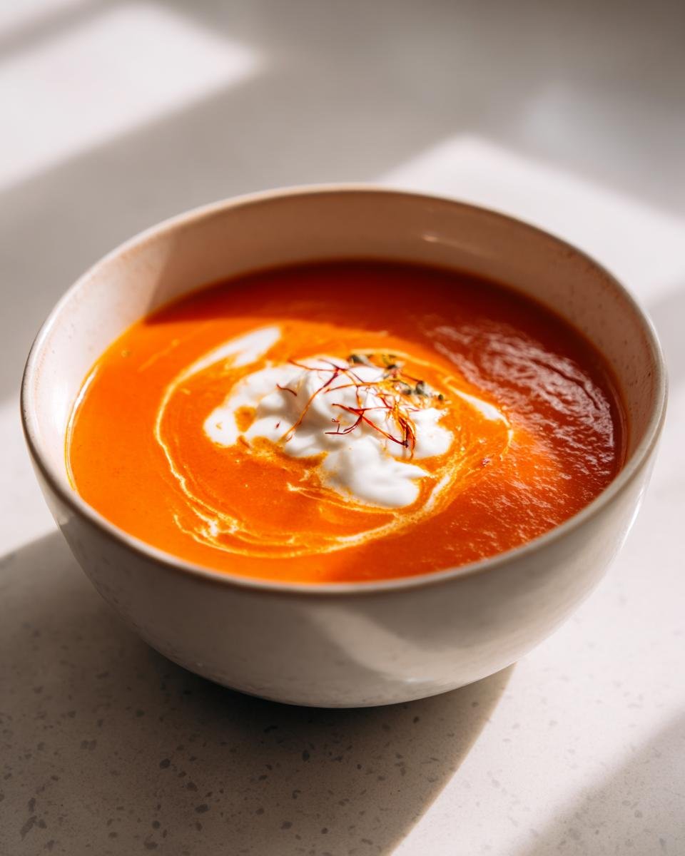 Close-up of a bowl of vibrant orange Exquisite Lobster Bisque With Saffron Infusion, topped with cream and saffron threads.