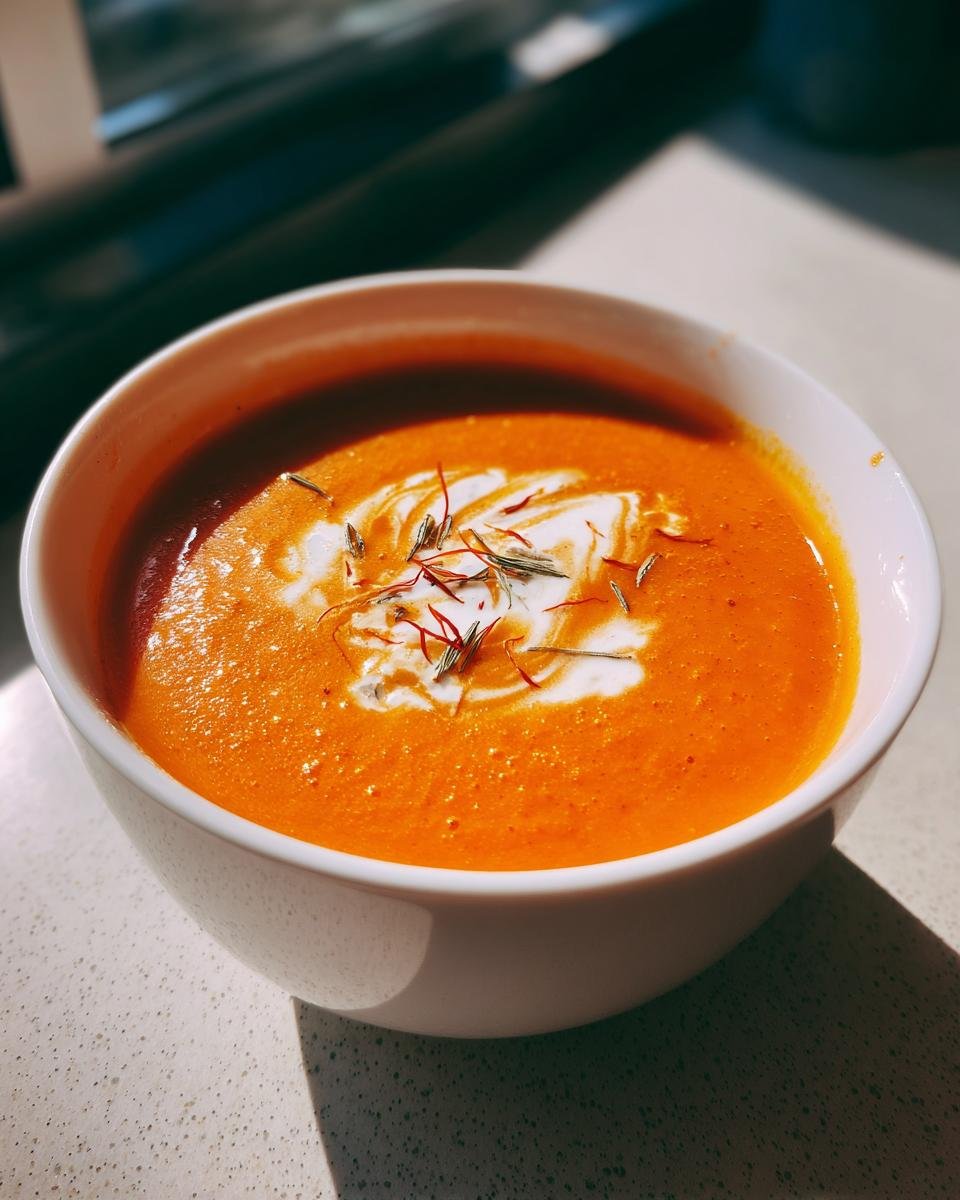 A vibrant orange bowl of Exquisite Lobster Bisque With Saffron Infusion, garnished with cream swirl and saffron threads.