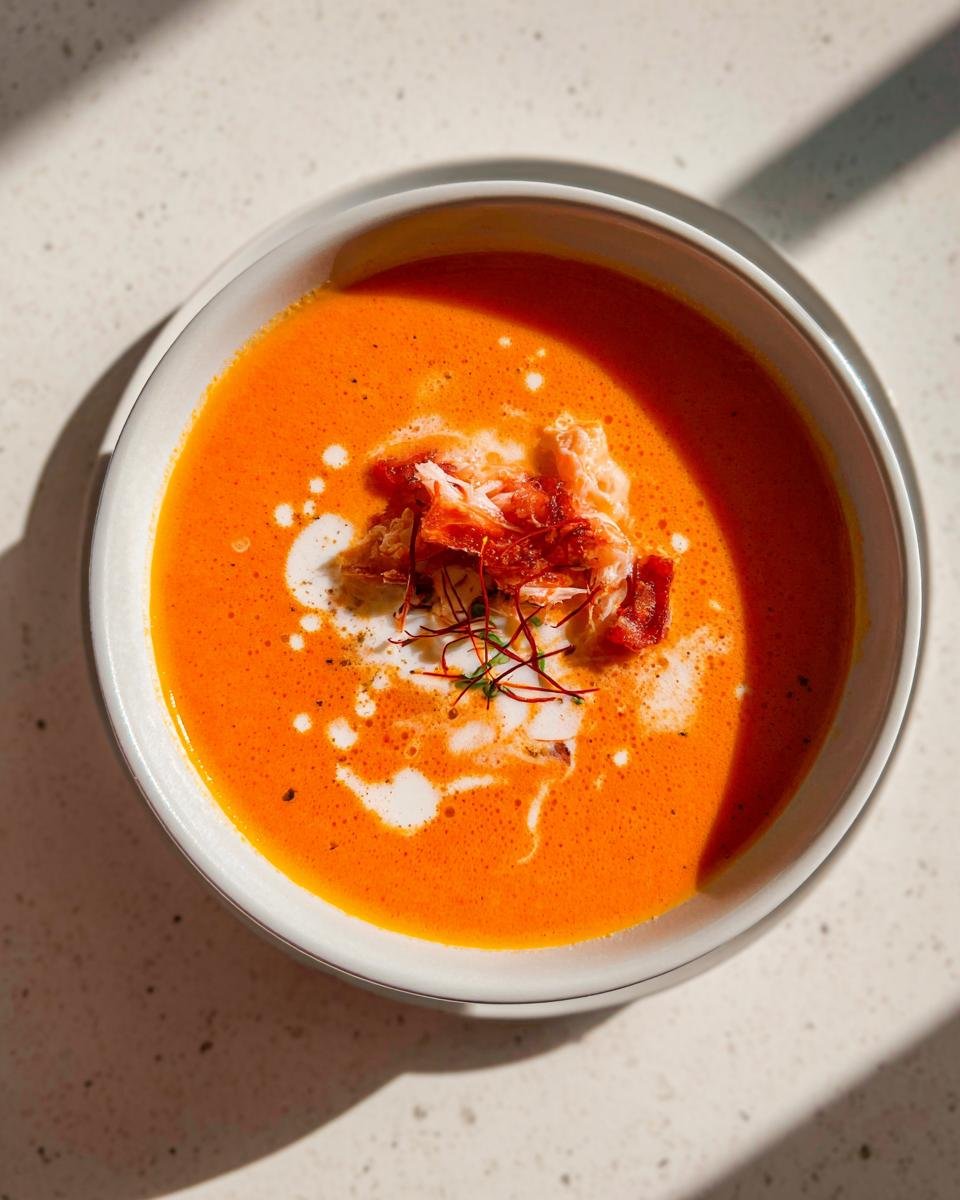 Overhead view of Exquisite Lobster Bisque With Saffron Infusion, topped with lobster meat and cream swirl.