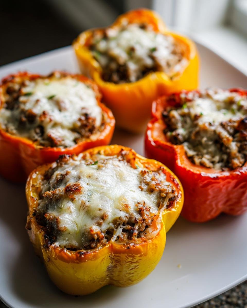 Four colorful Roasted Stuffed Bell Peppers, filled with meat and topped with melted white cheese, served on a white plate.