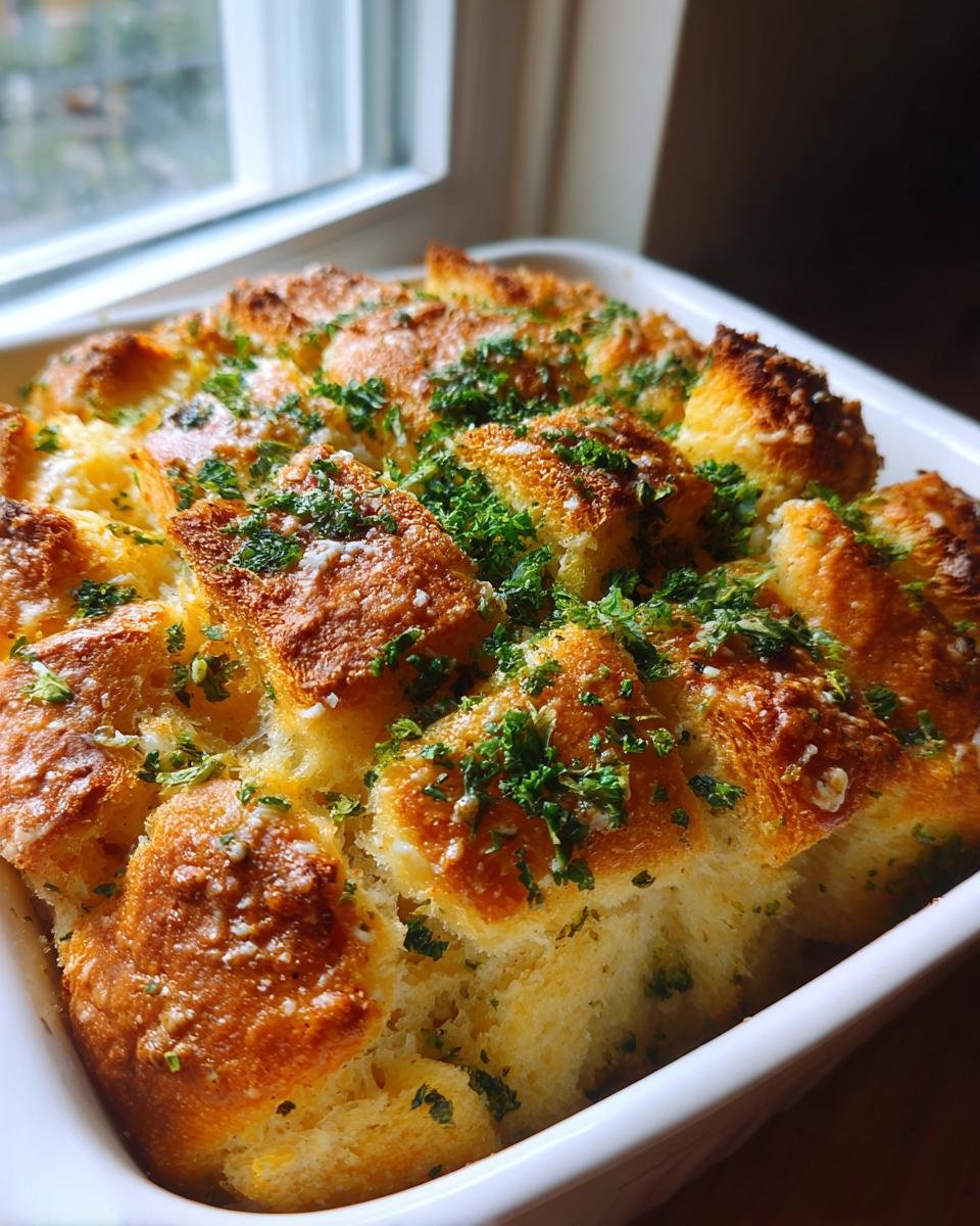 Close-up of baked Garlic Parmesan Pull Apart Bread, golden brown and topped with fresh parsley.