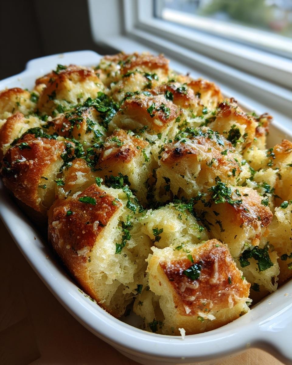 Close-up of baked Garlic Parmesan Pull Apart Bread pieces topped with melted cheese and fresh parsley in a white dish.
