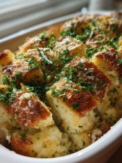 Close-up of baked Garlic Parmesan Pull Apart Bread, cut into squares and topped with cheese and fresh parsley.
