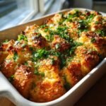 Close-up of baked Garlic Parmesan Pull Apart Bread, golden brown and topped with fresh parsley.