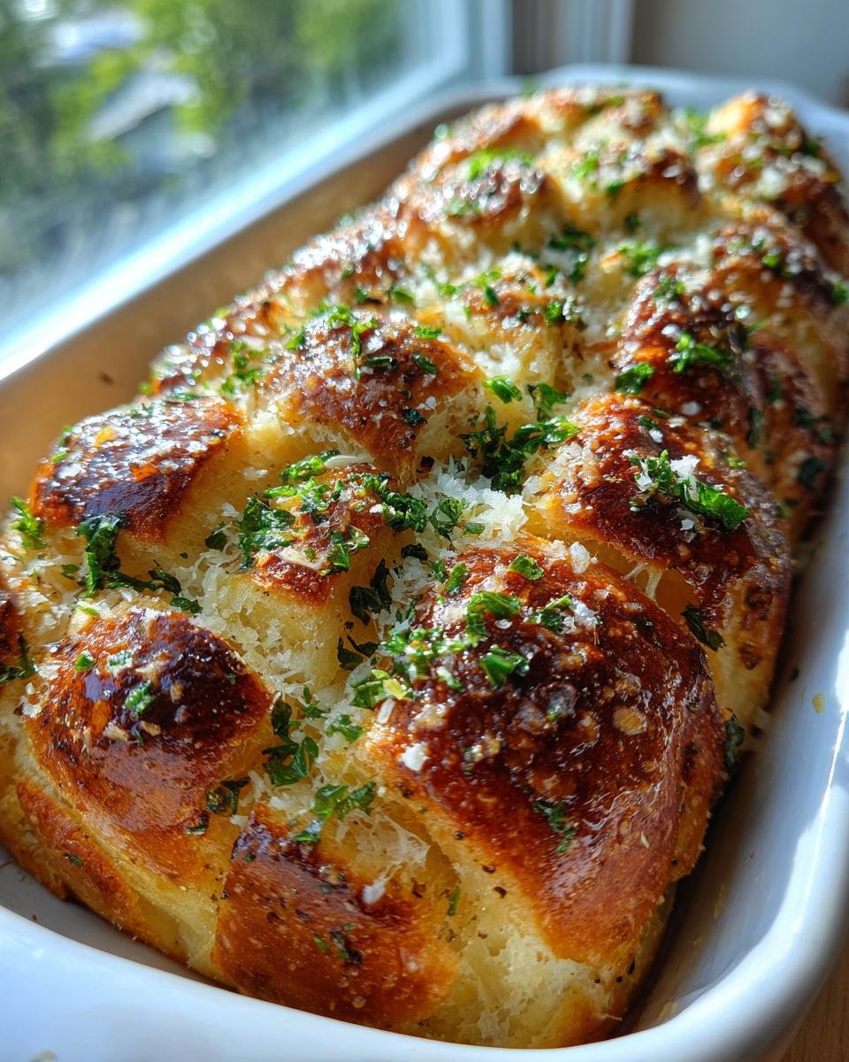 Close-up of golden brown Garlic Parmesan Pull Apart Bread topped with melted butter, cheese, and fresh parsley.