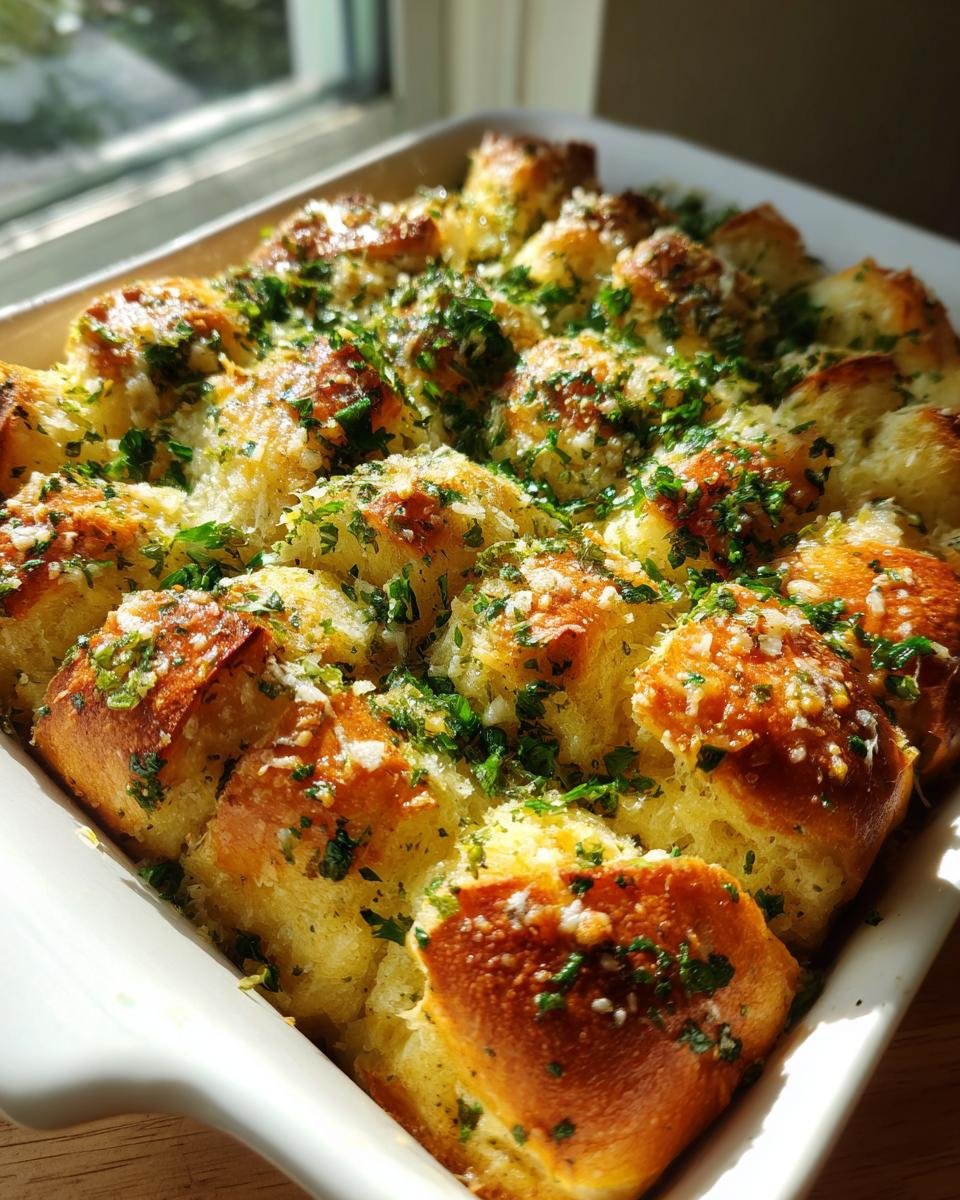Close-up of baked Garlic Parmesan Pull Apart Bread topped with melted butter, grated cheese, and fresh parsley in a white dish.