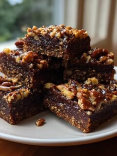 A stack of rich, dark German Chocolate Fudge squares topped with a gooey pecan mixture, served on a white plate.