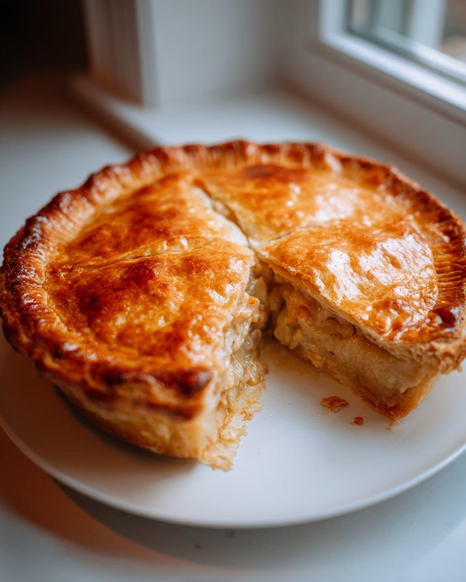 A golden brown, flaky crust Chicken Pot Pie with one slice cut out, revealing the creamy filling inside.