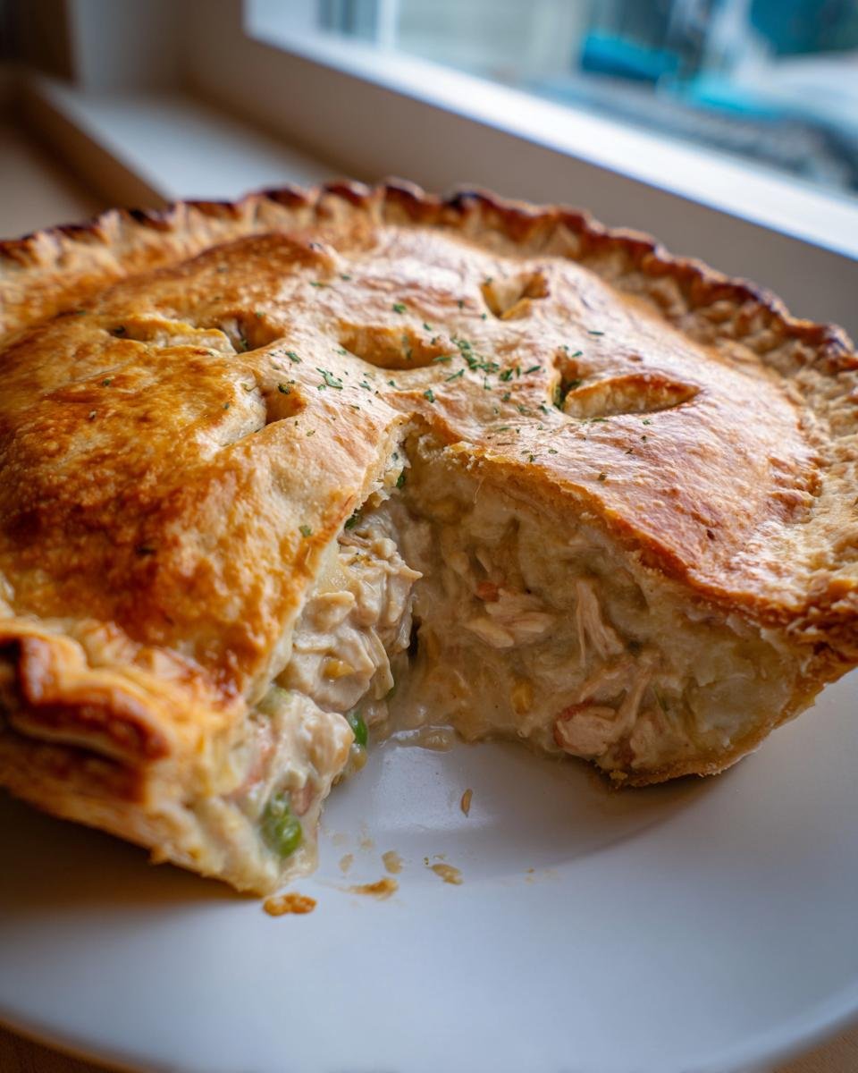 A slice removed from a golden brown Chicken Pot Pie, revealing creamy filling with shredded chicken and vegetables.