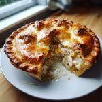 A freshly baked Chicken Pot Pie with a slice removed, showing creamy filling with chicken and corn.