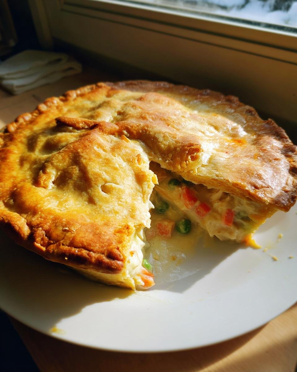 A slice removed from a golden brown Chicken Pot Pie, revealing creamy filling with carrots and peas.