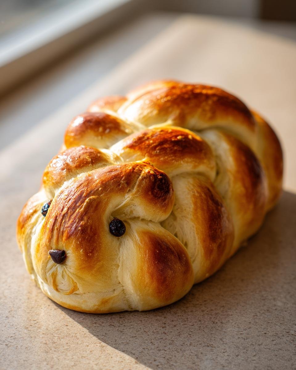 A beautifully braided, golden-brown Greek Easter Bunny Bread shaped like a rabbit, decorated with raisins for eyes and nose.