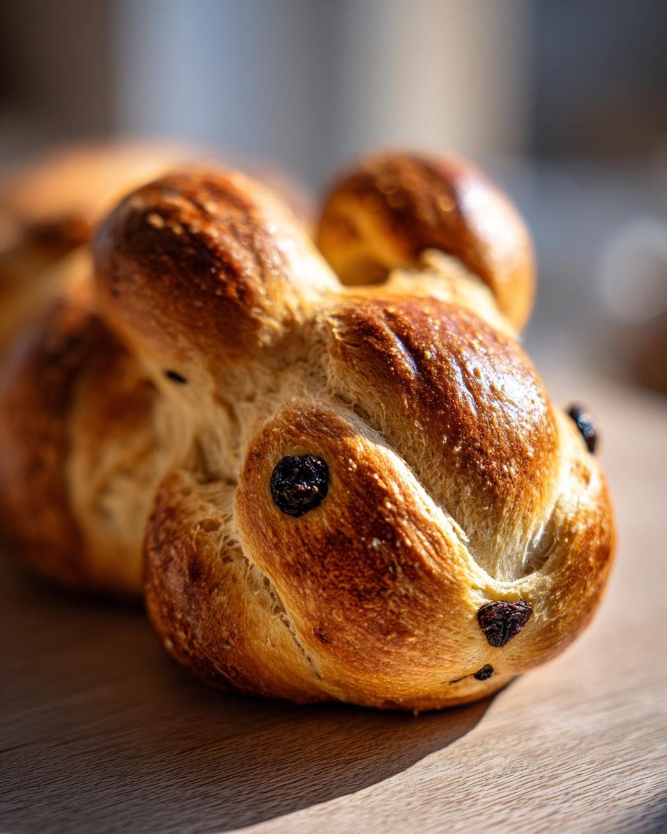 Close-up of a beautifully baked Greek Easter Bunny Bread with a golden-brown crust and raisin eyes.