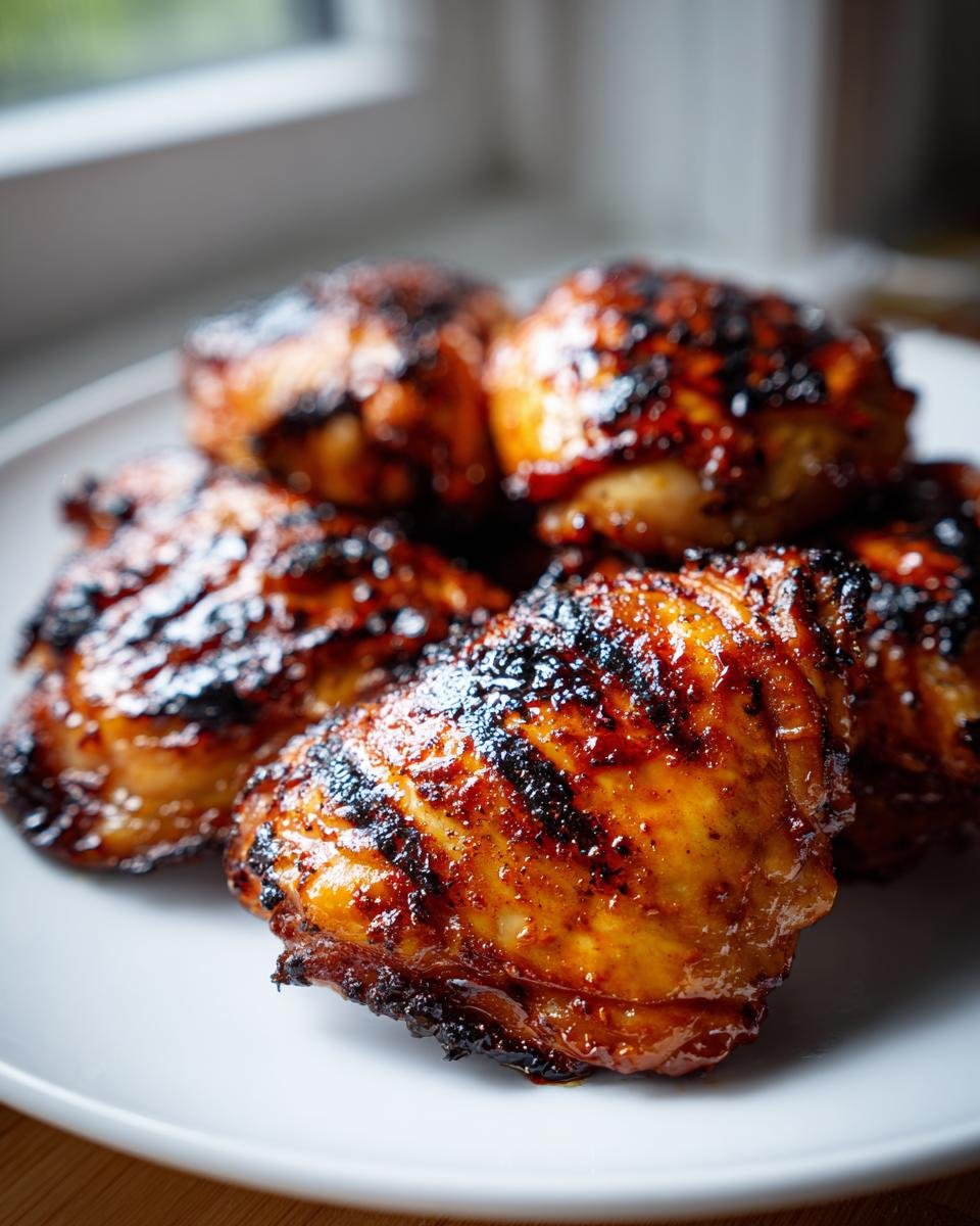 Close-up of several perfectly grilled Honey Lime Grilled Chicken Thighs with a dark, sticky glaze.