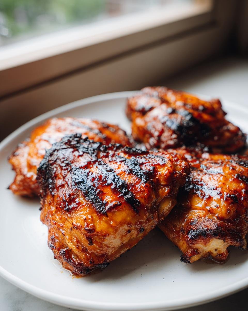 Close-up of four perfectly grilled Honey Lime Grilled Chicken Thighs with a dark, sticky glaze.