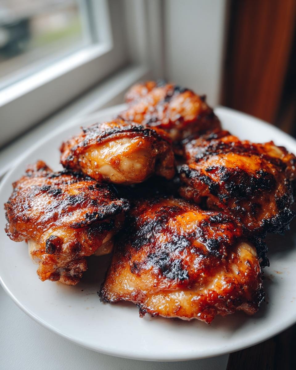 A plate piled high with juicy, charred Honey Lime Grilled Chicken Thighs resting near a bright window.