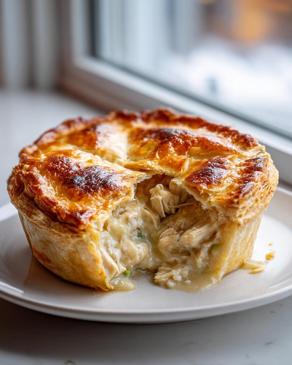 A golden, flaky individual Chicken Pot Pie with a section broken open revealing creamy chicken and vegetable filling.