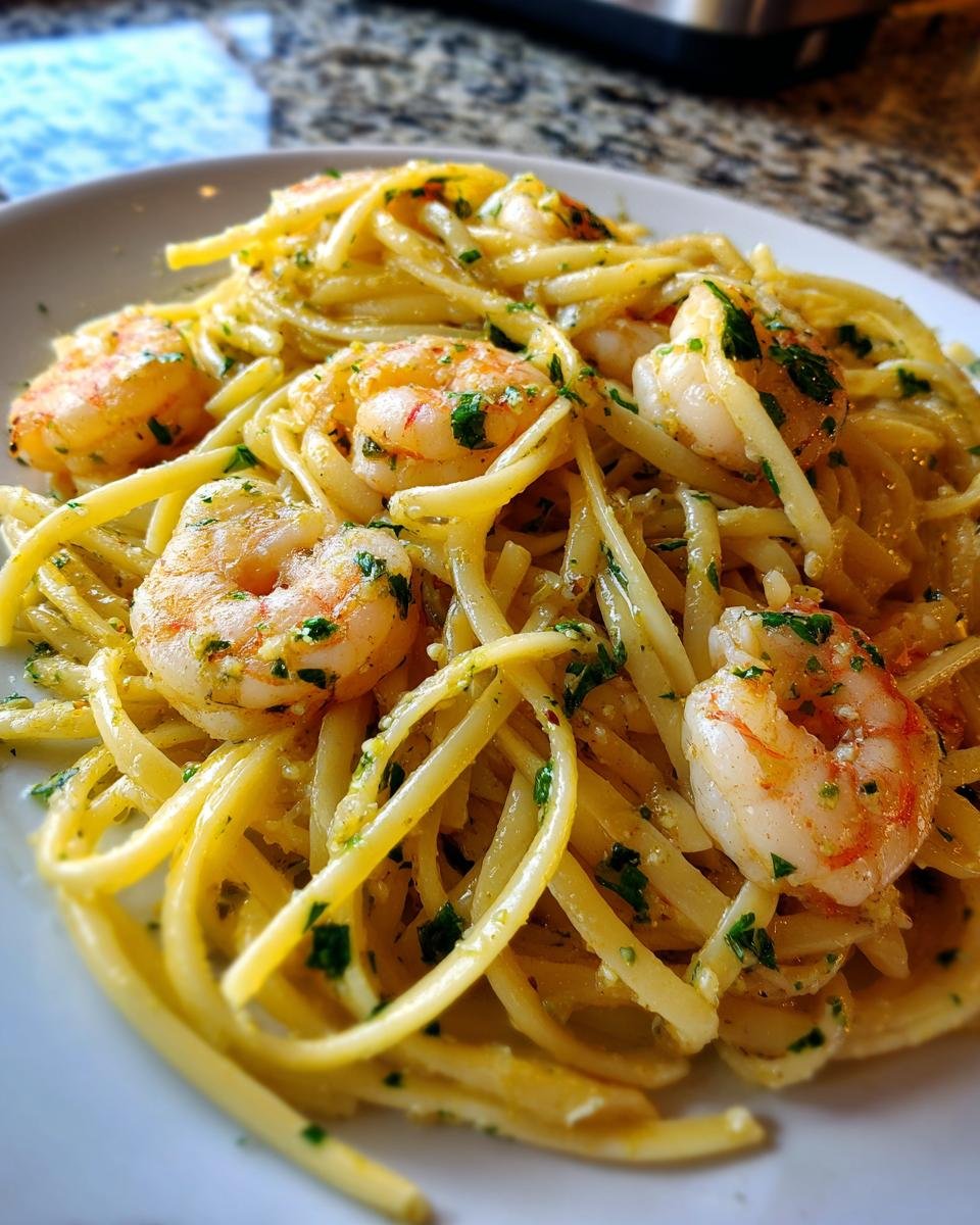 Close-up of a white plate filled with Lemon Butter Garlic Shrimp Pasta, featuring plump shrimp and parsley garnish.