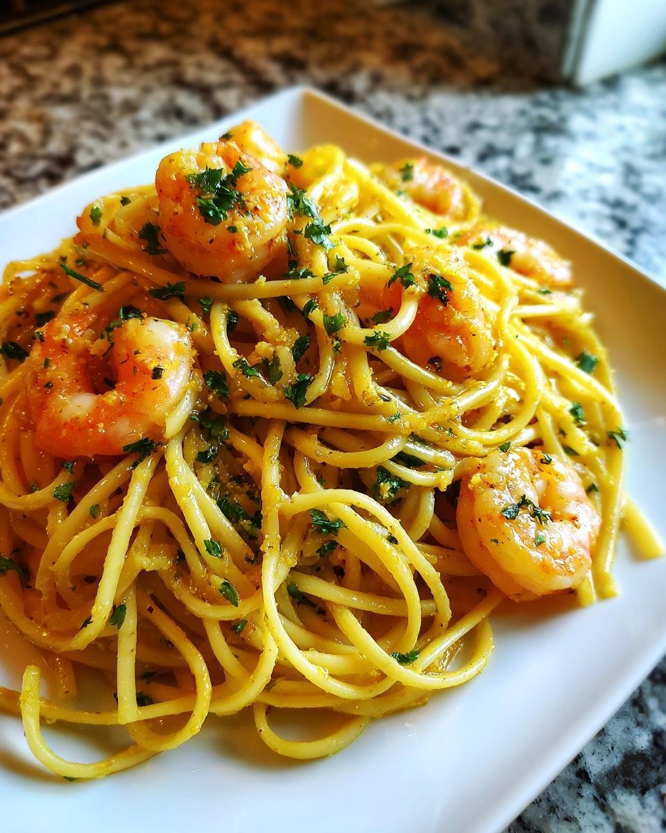 A close-up of a serving of Lemon Butter Garlic Shrimp Pasta, tossed in a rich sauce and garnished with parsley.