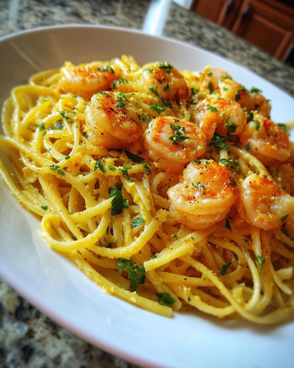 Close-up of Lemon Butter Garlic Shrimp Pasta tossed in a rich sauce and topped with parsley.