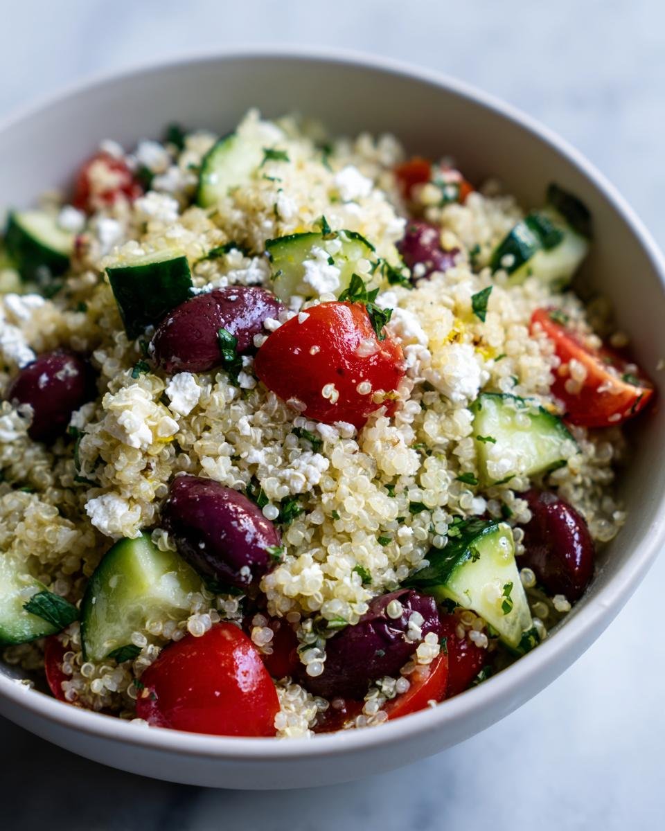 Close-up of a Mediterranean Quinoa Power Bowl featuring quinoa, cucumbers, tomatoes, olives, and feta cheese.
