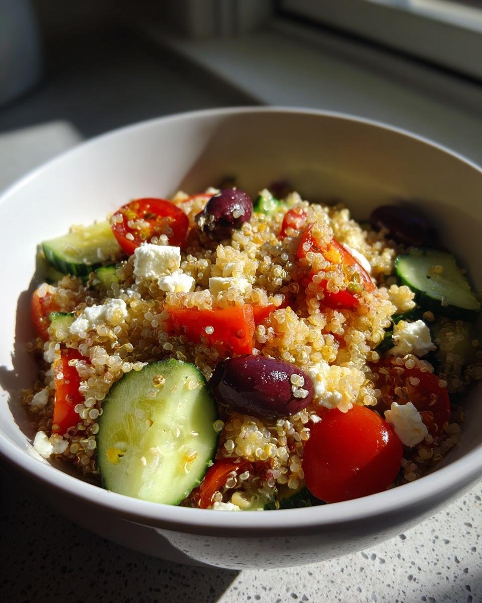 Close-up of a Mediterranean Quinoa Power Bowl featuring quinoa, cucumber slices, cherry tomatoes, feta cheese, and Kalamata olives.
