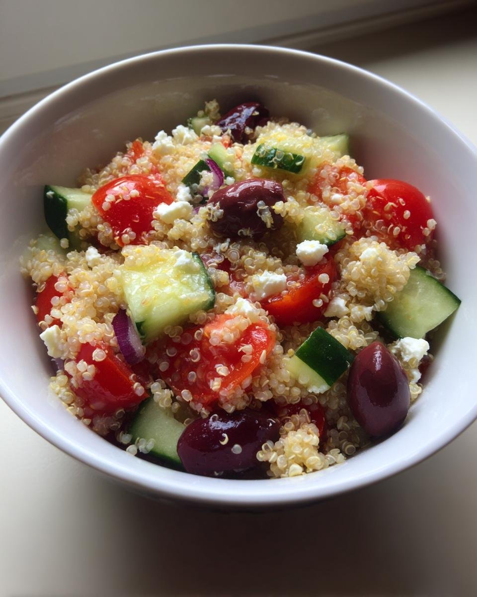Close-up of a Mediterranean Quinoa Power Bowl featuring quinoa, cucumber, tomatoes, olives, and feta.