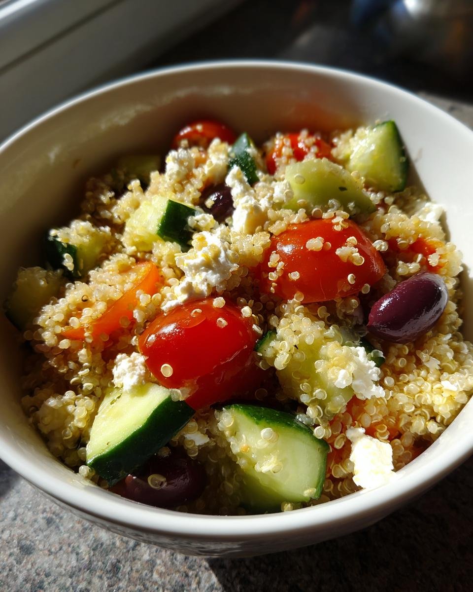 Close-up of a Mediterranean Quinoa Power Bowl featuring quinoa, cherry tomatoes, cucumber, feta, and Kalamata olives.