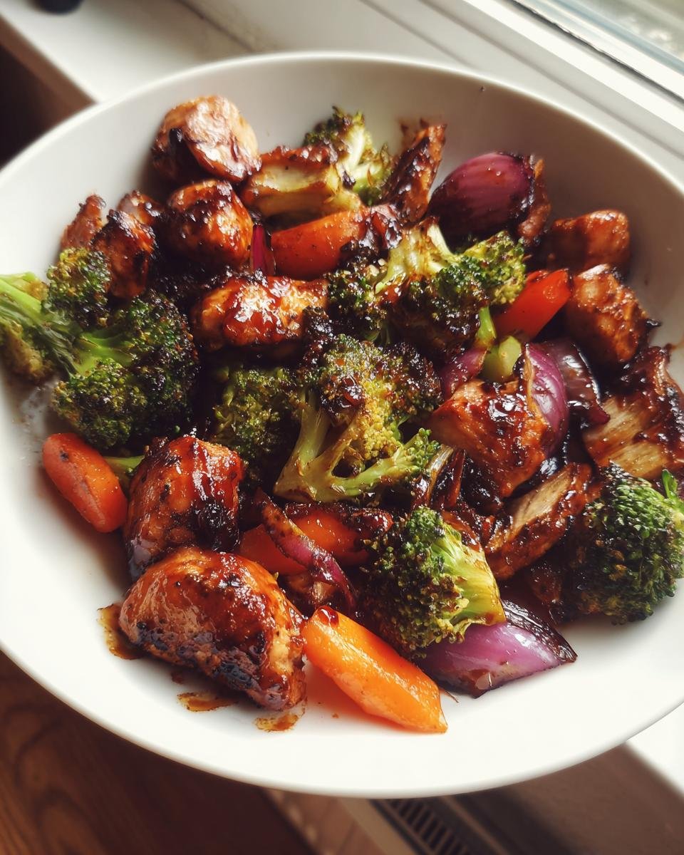 Close-up of One Pan Balsamic Chicken And Veggies featuring glazed chicken, broccoli, carrots, and red onion in a white bowl.