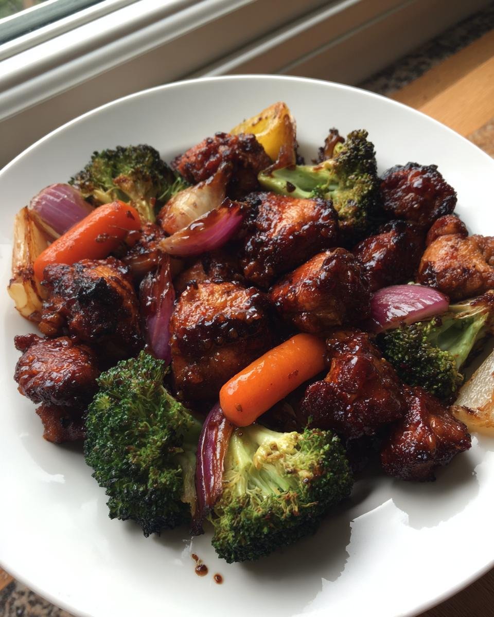Close-up of One Pan Balsamic Chicken And Veggies with broccoli, carrots, and red onion on a white plate.