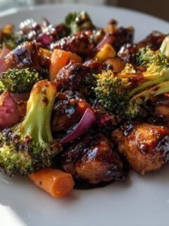 Close-up of One Pan Balsamic Chicken And Veggies, featuring glazed chicken pieces, broccoli, carrots, and red onion.
