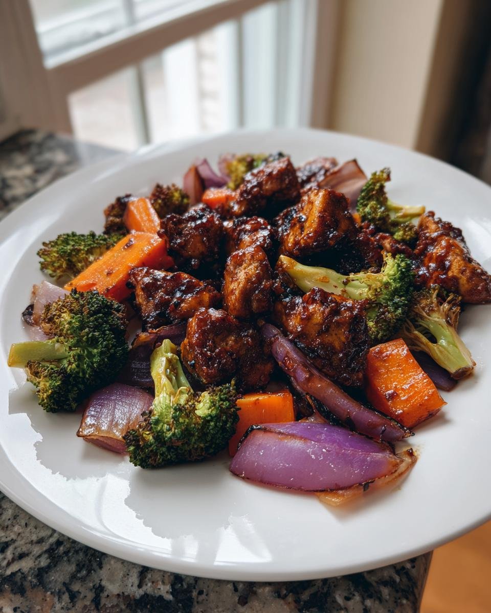 Close-up of One Pan Balsamic Chicken And Veggies with roasted broccoli, carrots, and red onion on a white plate.