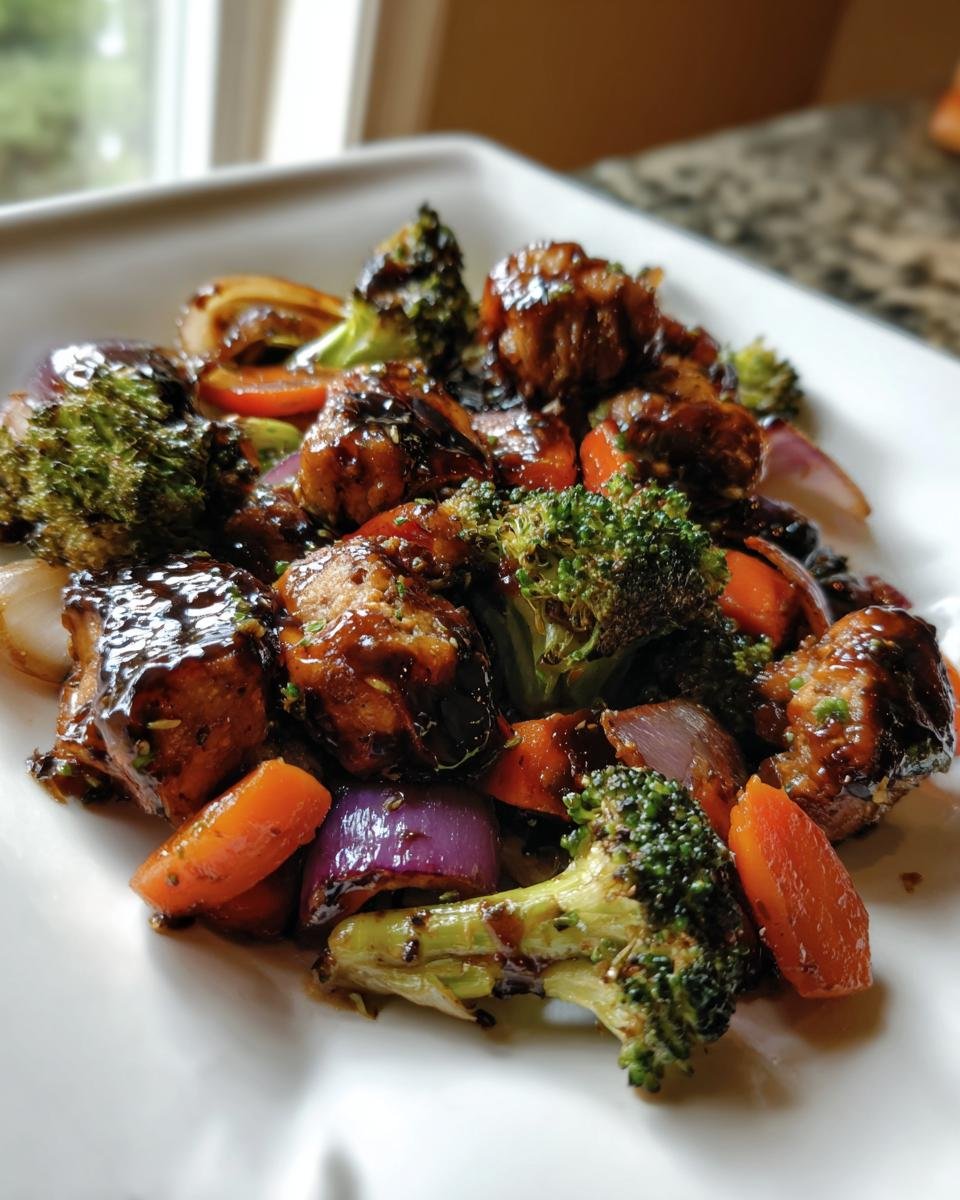 Close-up of One Pan Balsamic Chicken And Veggies featuring glazed chicken pieces, roasted broccoli, carrots, and red onion on a white plate.
