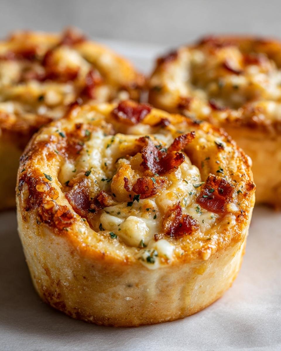 Close-up of a freshly baked Ooey Gooey Garlic Butter Bacon Ranch Pizza Roll, topped with melted cheese and bacon bits.