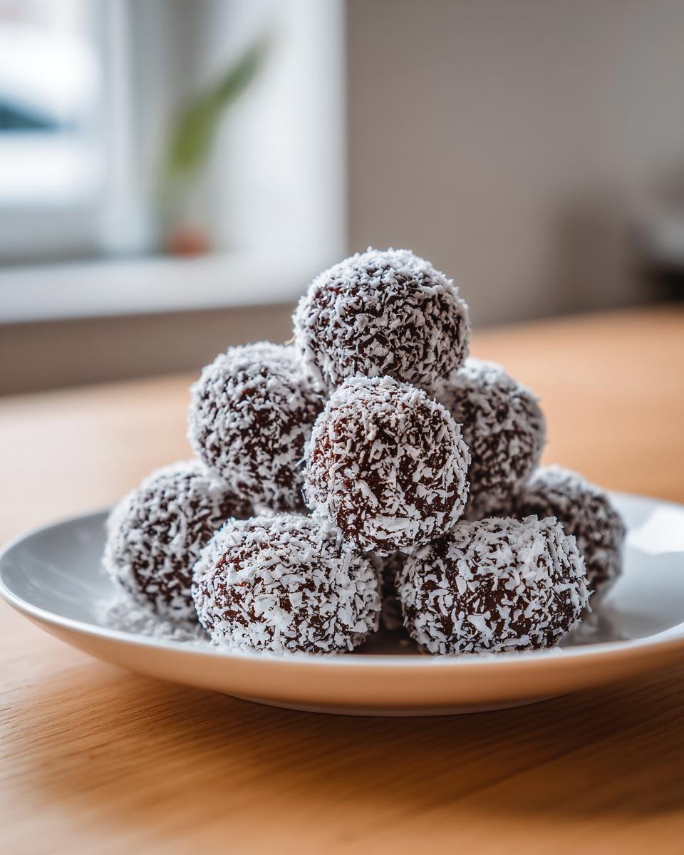 A stack of rich, dark Puppy Chow Chocolate Truffles generously coated in shredded white coconut flakes on a white plate.