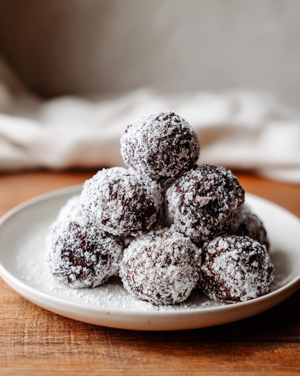 A stack of rich, dark Puppy Chow Chocolate Truffles generously dusted with powdered sugar on a white plate.