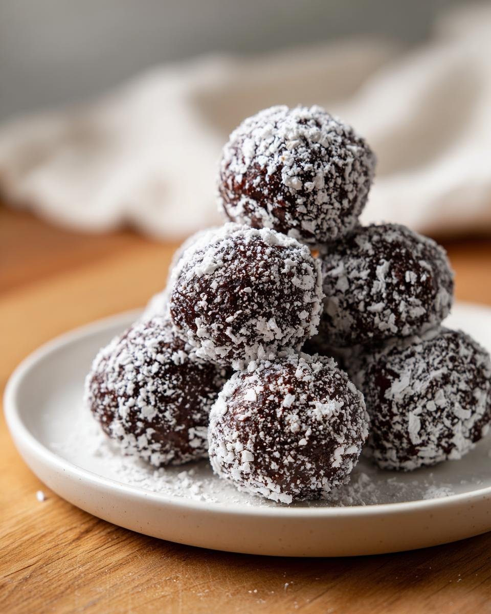 A stack of rich, dark Puppy Chow Chocolate Truffles heavily coated in white powdered sugar on a small white plate.