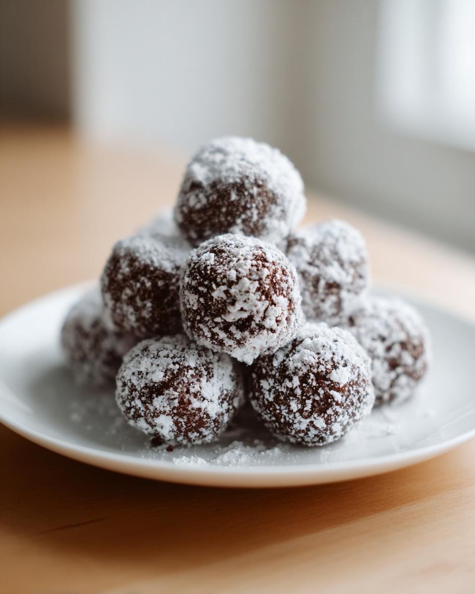 A close-up stack of rich, dark Puppy Chow Chocolate Truffles heavily dusted with white powdered sugar on a white plate.