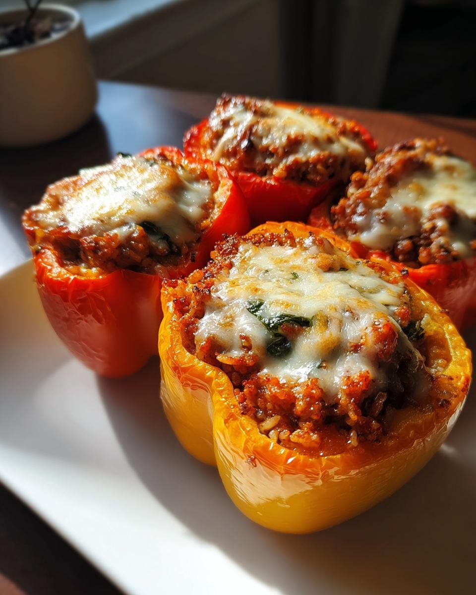 Four colorful roasted stuffed bell peppers, topped with melted cheese, served on a white plate.