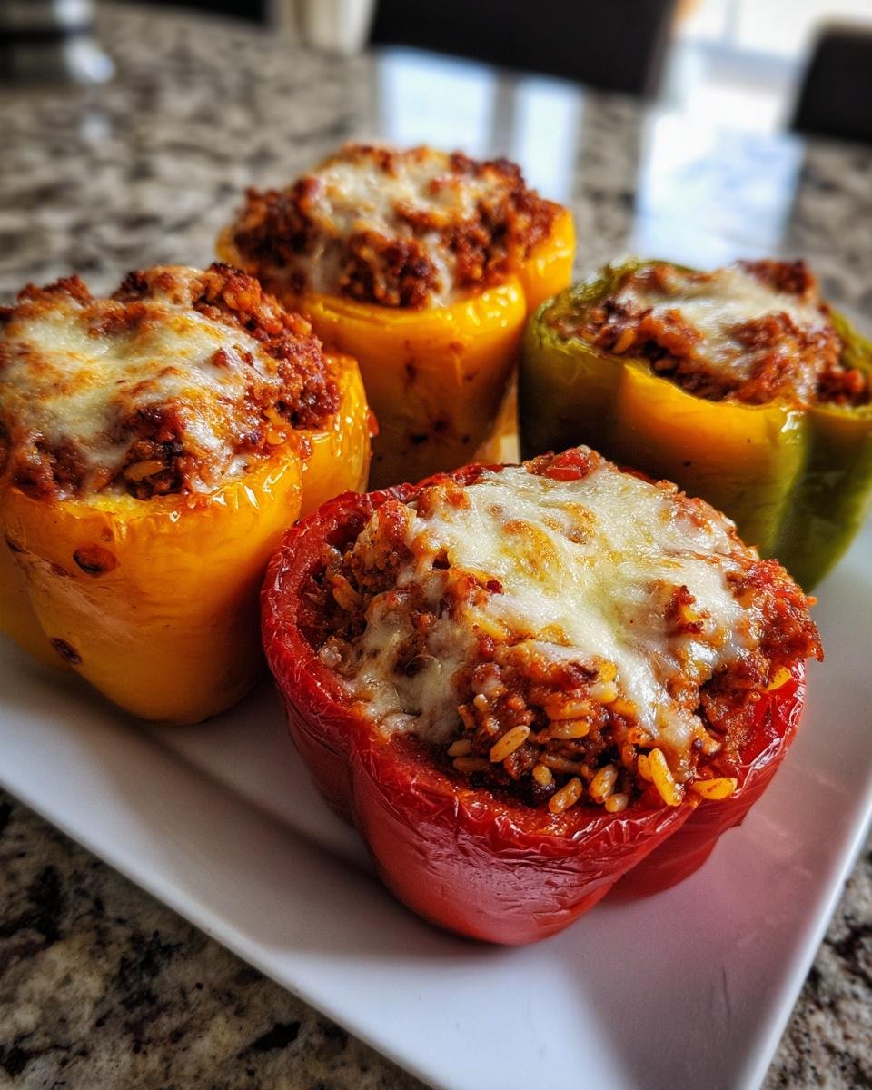 Four colorful Roasted Stuffed Bell Peppers filled with meat and rice, topped with melted cheese.