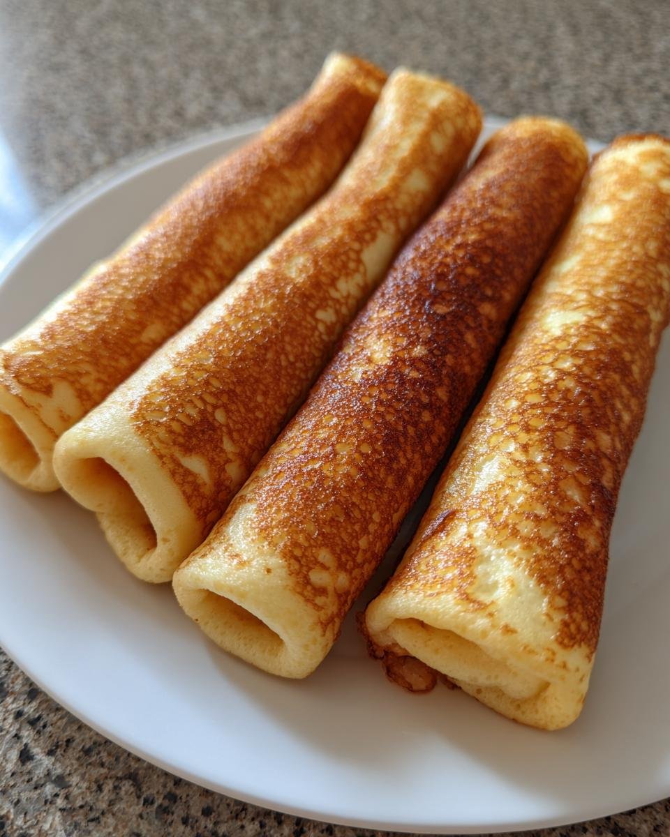 Four golden-brown Sausage French Toast Roll Ups arranged diagonally on a white plate.
