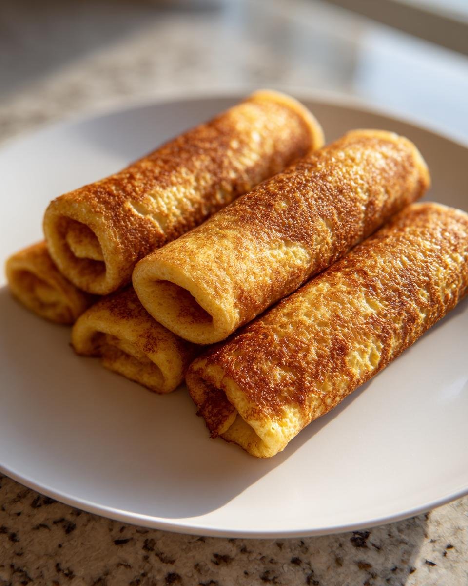 Four golden brown Sausage French Toast Roll Ups stacked on a white plate, ready to eat.