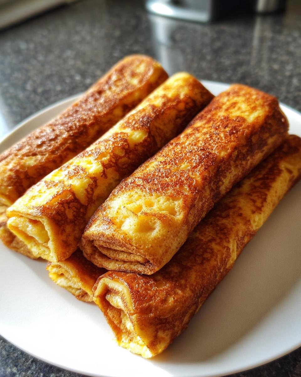 A stack of golden brown Sausage French Toast Roll Ups served on a white plate.