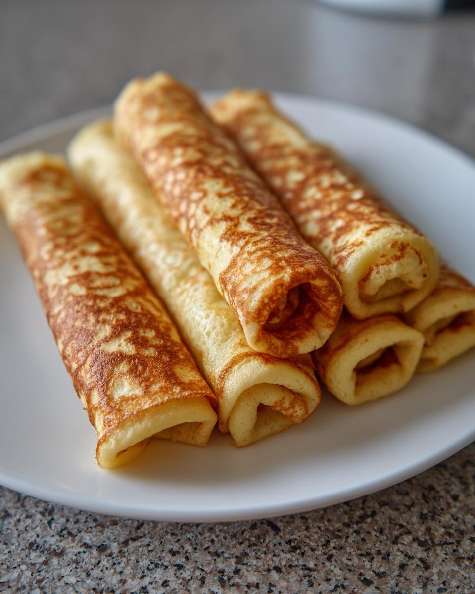 Close-up of several golden-brown Sausage French Toast Roll Ups stacked on a white plate.