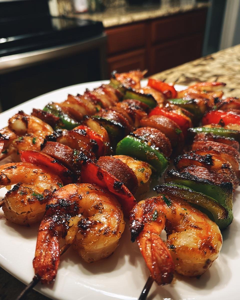 Close-up of perfectly grilled Sausage Grilled Shrimp Kabobs featuring plump shrimp, sausage slices, and colorful bell peppers.