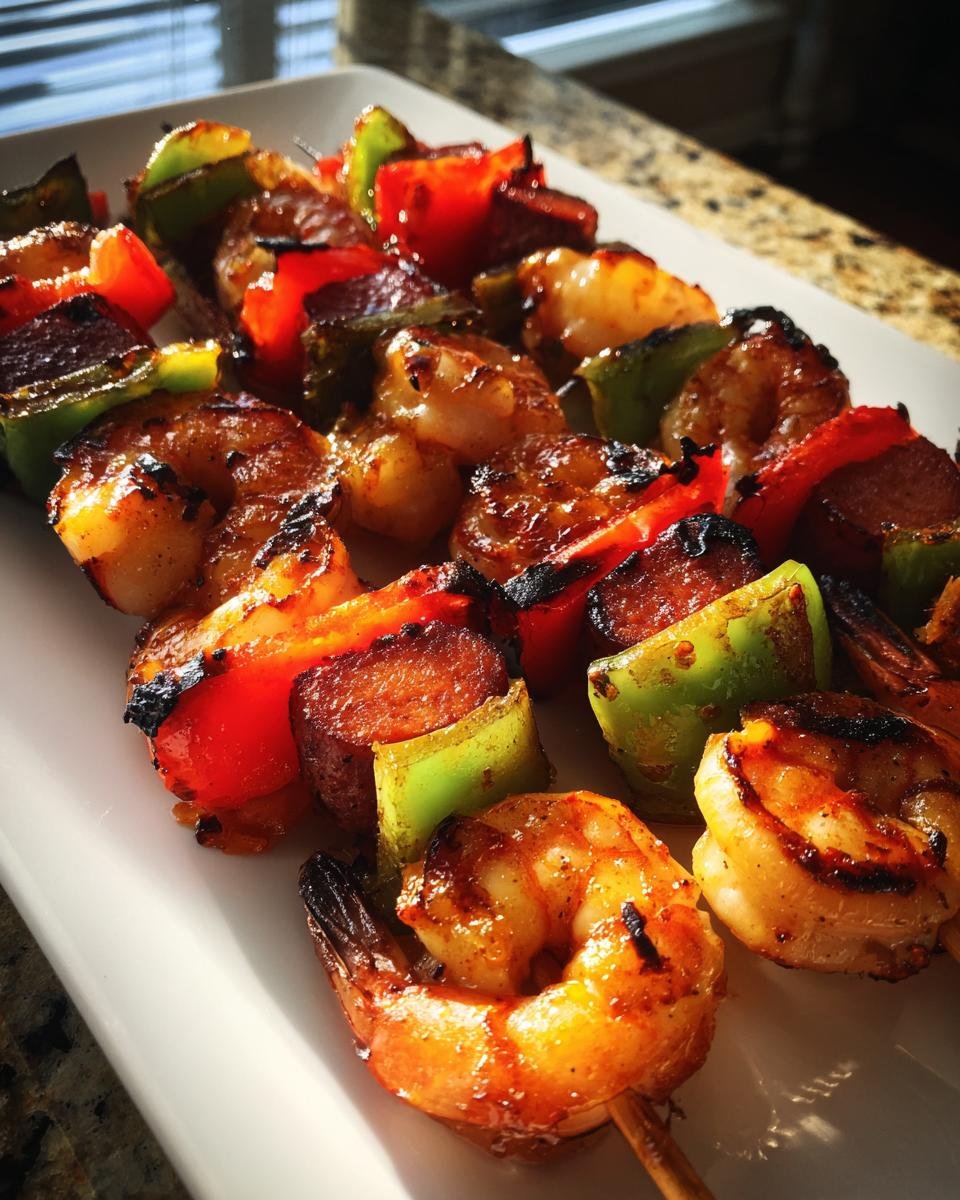 Close-up of perfectly grilled Sausage Grilled Shrimp Kabobs featuring charred shrimp, sausage, and colorful bell peppers.